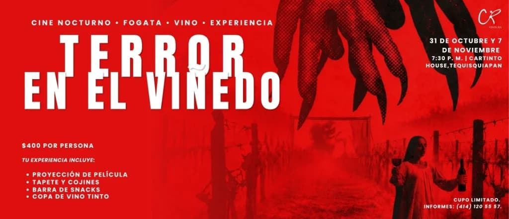 Terror en el Viñedo: cine nocturno, fogata y vino en CR Vinos MX